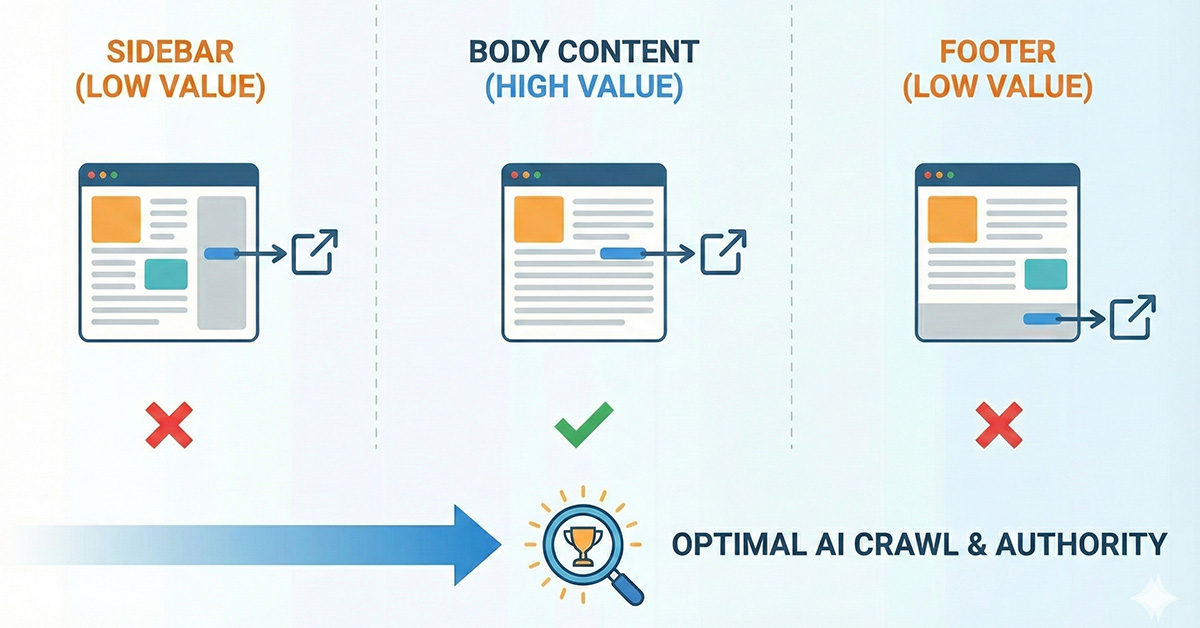 Diagram showing SEO link ratios: sparse links cause orphans, excessive links dilute authority, and balanced links optimize AI crawling.