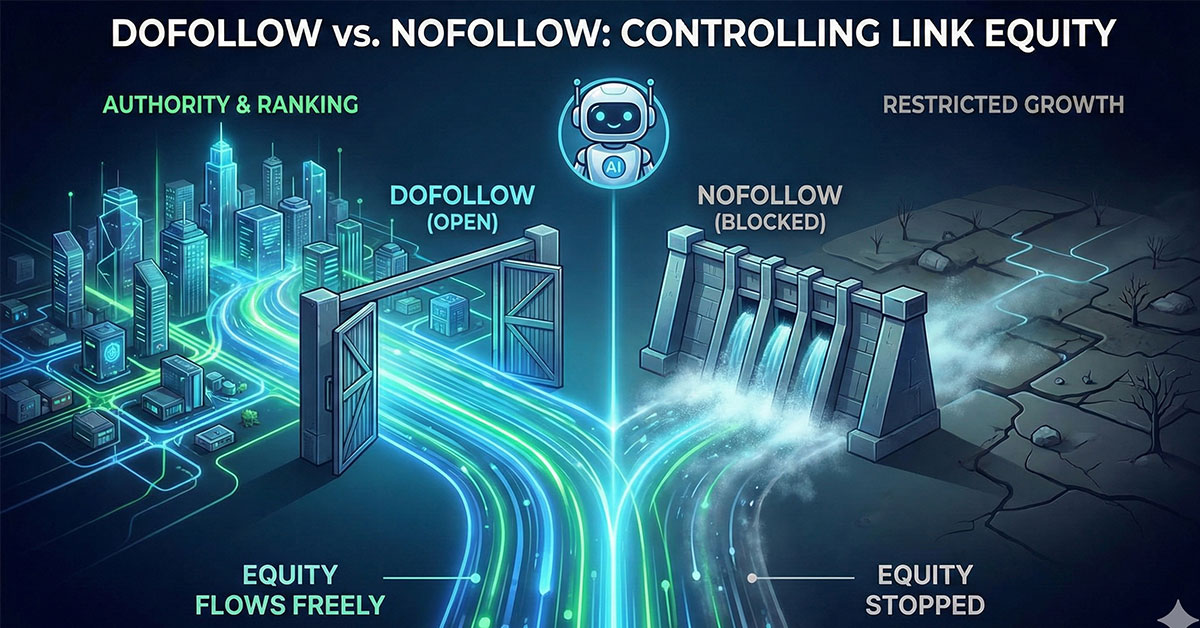 A digital illustration of two gates; one is open allowing green data to flow (Dofollow), the other is closed blocking red data (Nofollow), symbolizing link equity flow.
