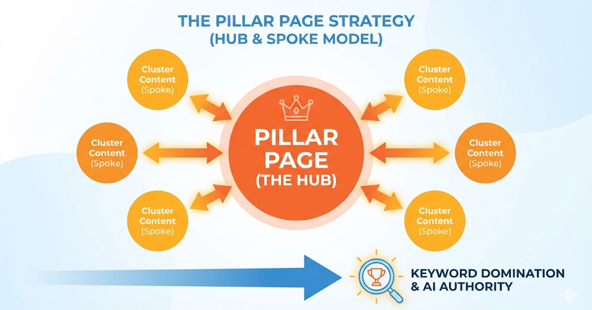 The Pillar Page Strategy uses a central Hub page (broad topic) to link to surrounding Spokes (detailed subtopics) for better topical relevance and AI Authority .