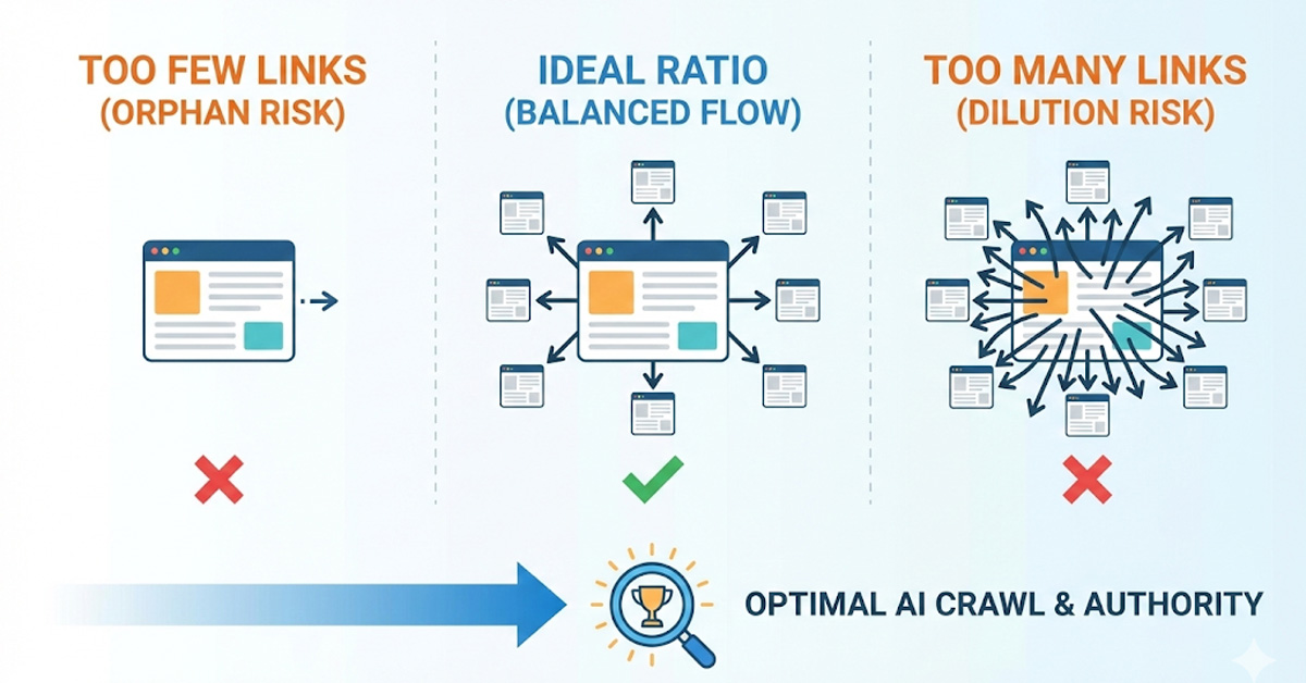 Internal linking optimization: A diagram shows the ideal ratio avoids Too Few Links (Orphan Risk) and Too Many Links (Dilution Risk) for optimal AI crawl.