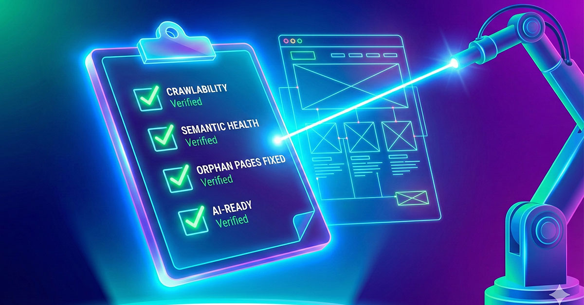 A checklist clipboard floating in a digital void, with green checkmarks lighting up as a robotic hand scans a website wireframe.
