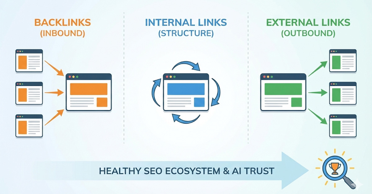A triangular diagram showing the relationship between "Backlinks" (Fuel), "Internal Links" (Engine), and "External Links" (GPS) in a digital ecosystem.