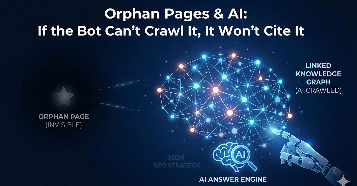 A glowing digital constellation network with one isolated, dim star floating in the void, representing an orphan page disconnected from the site structure.