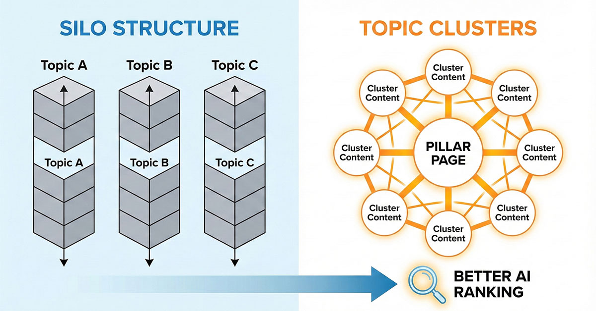 A split-screen comparison: On the left, rigid vertical towers (Silos) isolating data. On the right, a glowing interconnected web (Clusters) representing fluid semantic data flow.